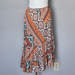 NWT Lola P Bohemian Patchwork Broomstick Tiered Asymmetrical Midi Skirt Size M